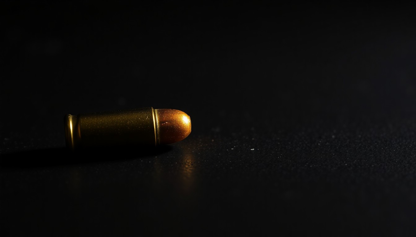 An extreme close-up photograph of a single spent bullet casing on a dark, textured surface, conceptually illustrating the persistent gun violence in the city.