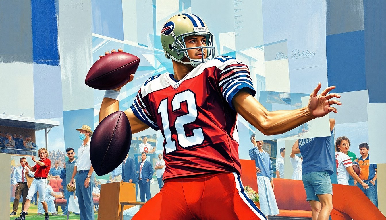 A cubist, geometric painting depicting a football quarterback in the process of throwing, with the player's body and the ball broken down into overlapping planes of color and abstract shapes.