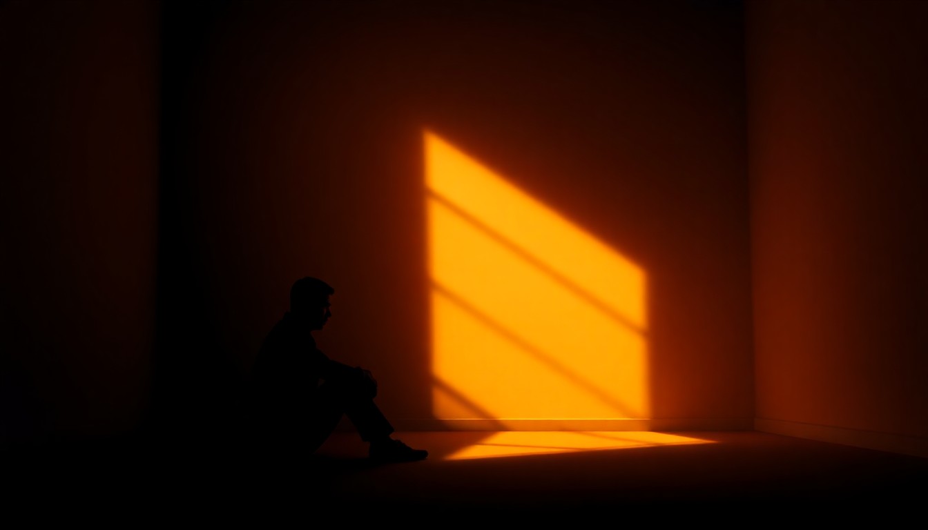 A moody, cinematic painting of a solitary figure sitting alone in a dimly lit room, with warm diagonal sunlight casting deep shadows, conceptually representing the mental health debate surrounding a former political leader.
