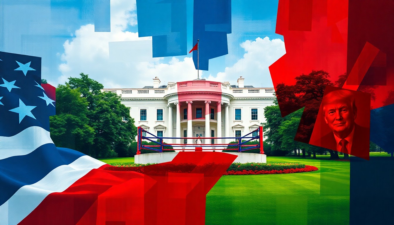 A conceptual illustration featuring overlapping, fractured geometric shapes in red, white, and blue, representing the political tension and spectacle of a boxing ring or octagon cage set on the White House lawn.
