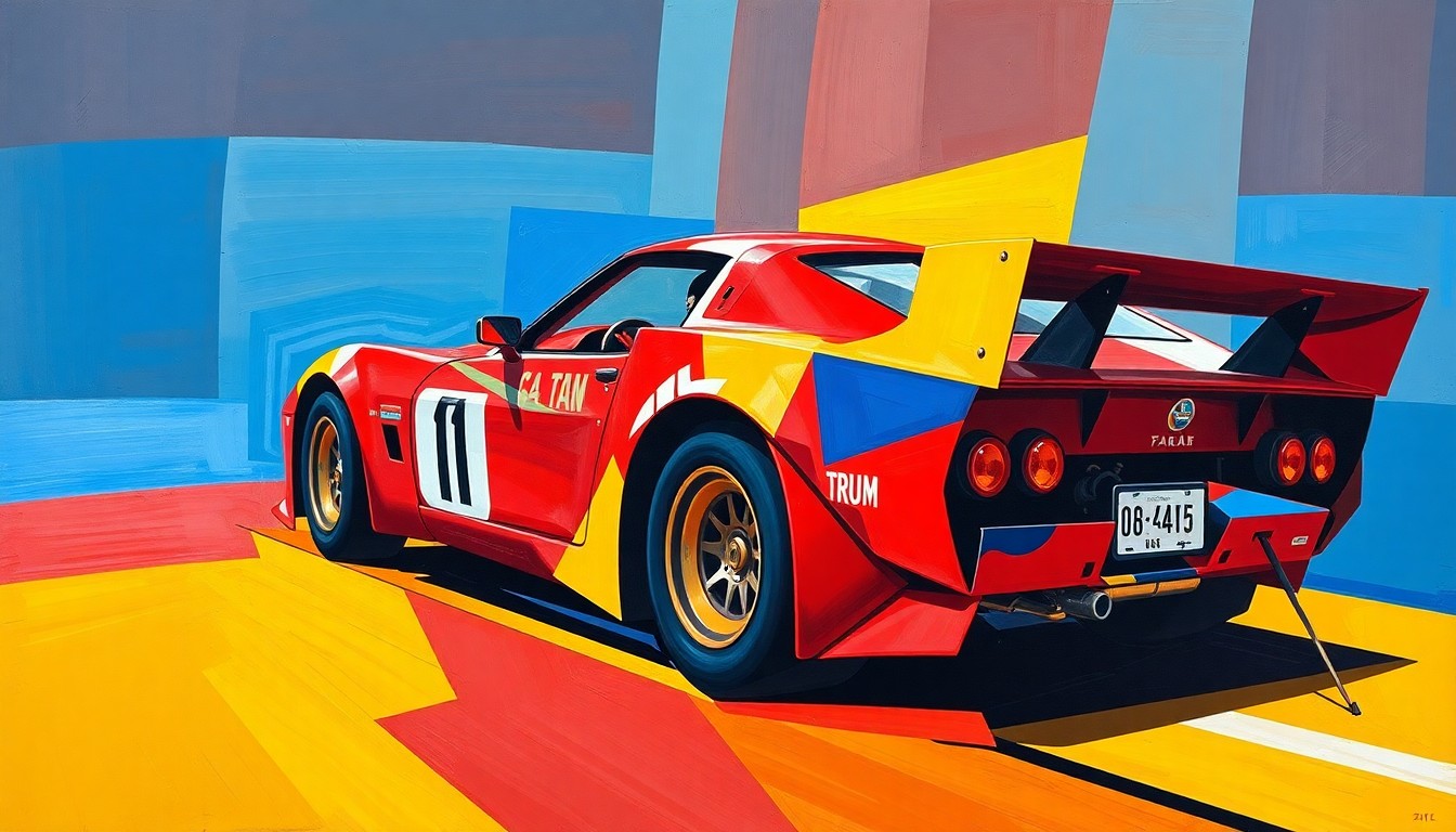 A cubist-style painting depicting a race car in motion, broken down into sharp, overlapping geometric shapes in a vibrant color palette, capturing the raw energy and nostalgia of the Trans-Am racing era.