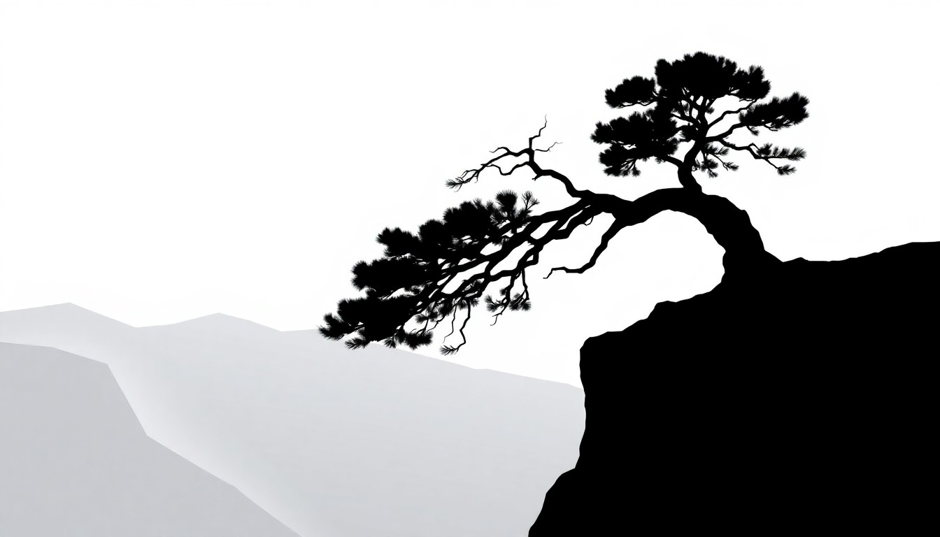 A bold, graphic black and white silhouette of an ancient pine tree clinging to the edge of a cliff, conveying the themes of resilience and the passage of time central to the photographer's work.