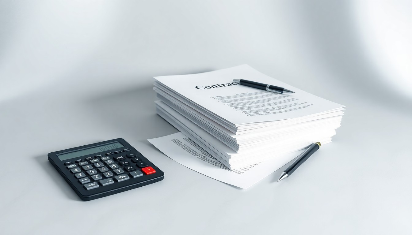A photorealistic studio still life featuring a stack of commercial real estate contracts, a pen, and a calculator arranged on a clean, monochromatic background, symbolizing the business of commercial real estate transactions and strategy.
