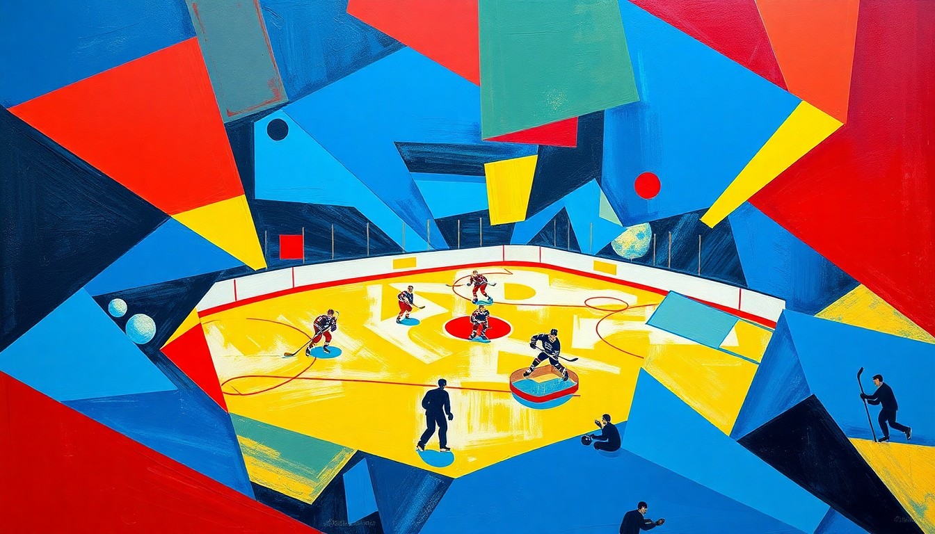 A cubist, fragmented painting depicting an NHL hockey game, with players and the rink broken down into sharp, overlapping geometric shapes in vibrant blue, red, and yellow hues.