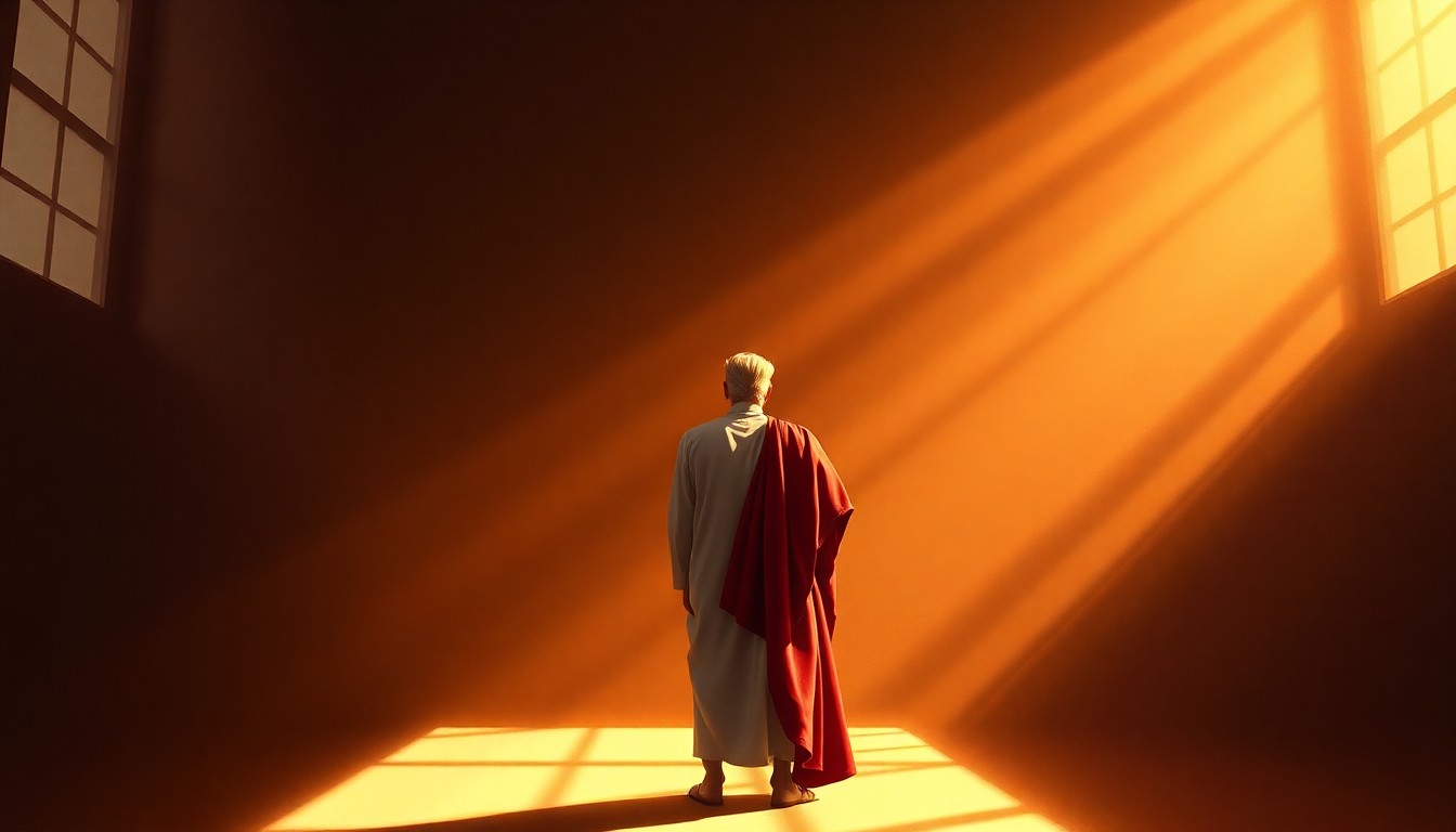 A cinematic painting of a solitary figure in a white tunic and red garment, bathed in warm, diagonal sunlight and deep shadows, conceptually representing the controversy over Trump's depiction as Jesus.