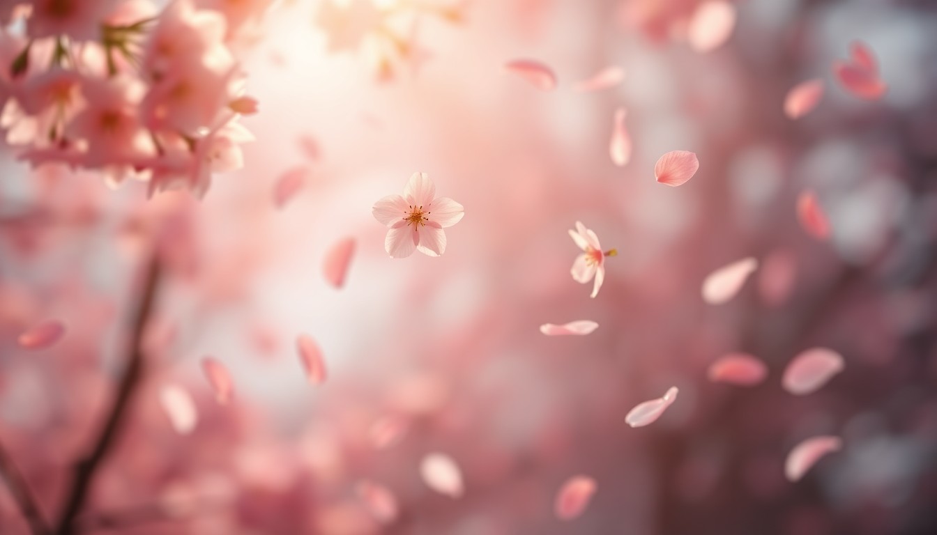 An abstract, out-of-focus photograph of delicate pink and white cherry blossom petals floating in the air, with a warm, hazy light creating a dreamlike, atmospheric scene.