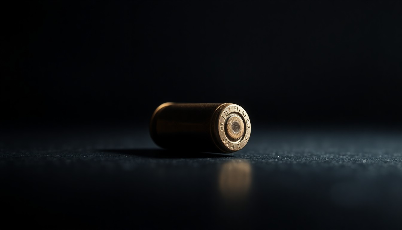 An extreme close-up photograph of a single spent bullet casing on a dark surface, lit by a harsh, direct camera flash, conceptually representing the grim details of a fatal shooting.