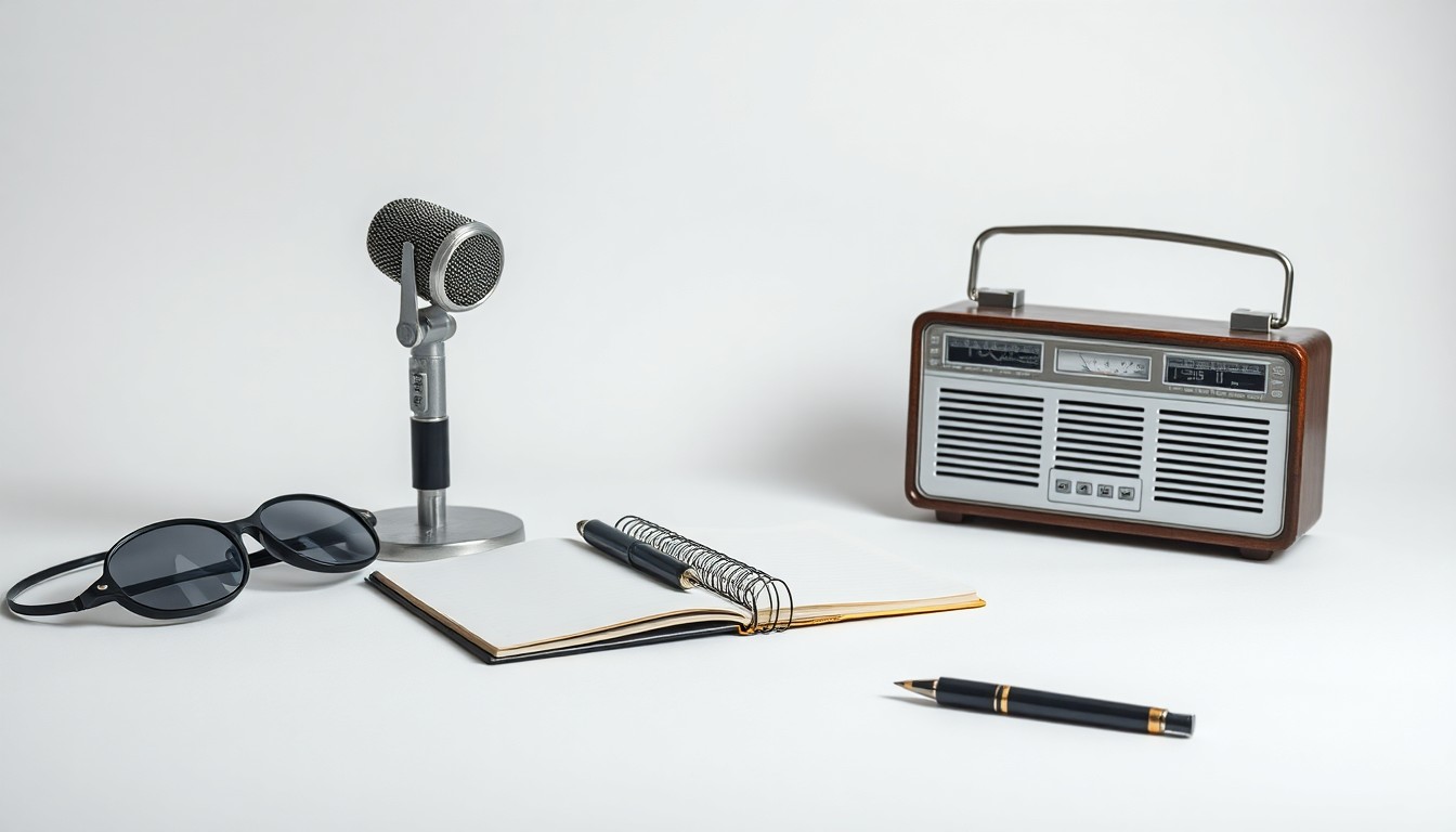 A minimalist studio still life featuring a microphone, notebook, and vintage radio arranged elegantly on a clean, monochromatic background, conceptually representing the pause and reflection of a local business podcast.