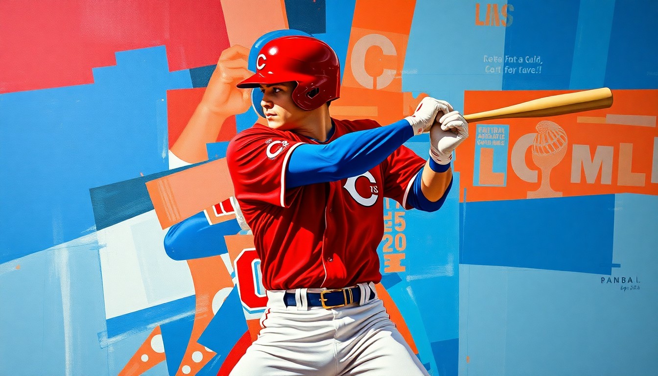 A cubist, geometric painting depicting a baseball player's batting motion, with sharp, overlapping planes of bright red, royal blue, and white, capturing the raw energy and athleticism of the sport.