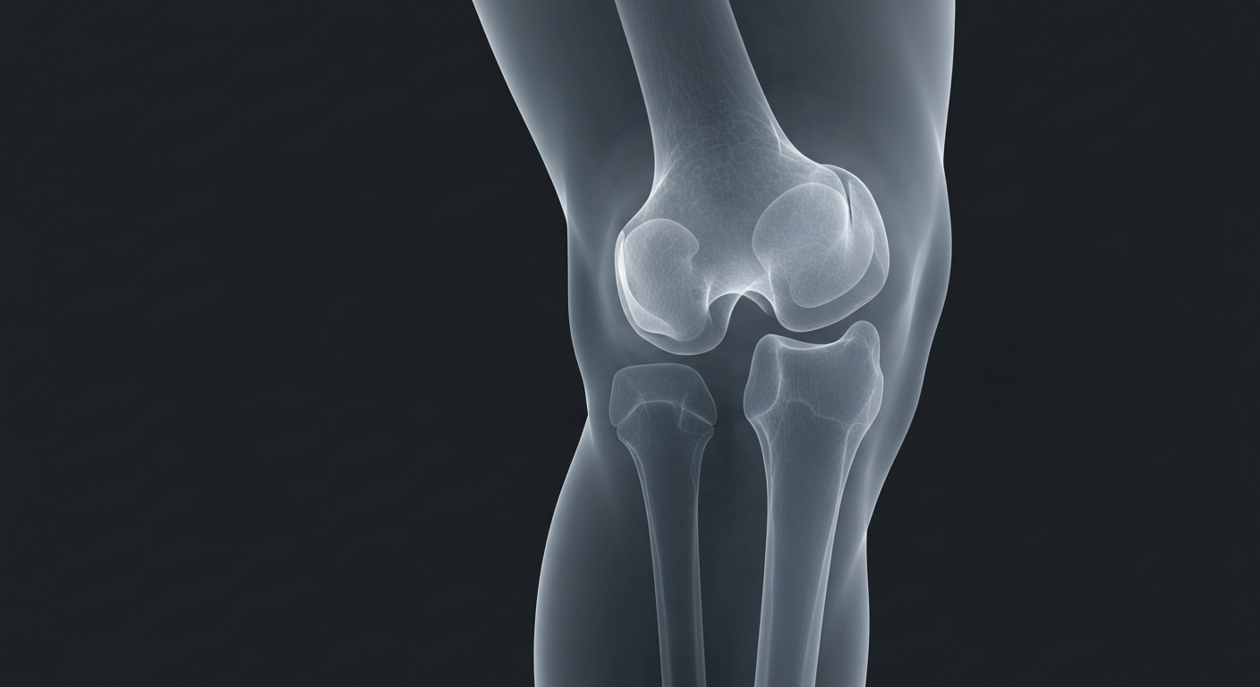 A highly detailed, translucent X-ray-style image of a human knee joint, with the internal structures and anatomy visible as glowing white lines and forms against a dark background, conveying a clinical and investigative mood.