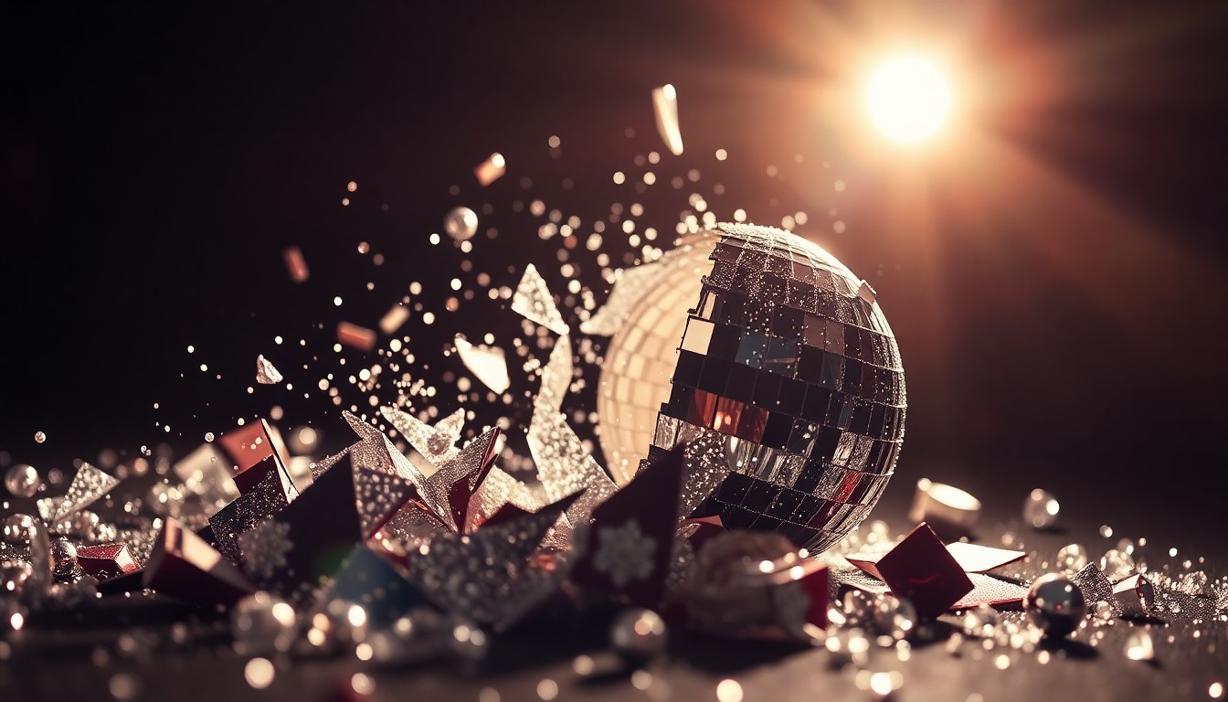 An extreme close-up photograph of shimmering, jagged shards of a disco ball reflecting dramatic studio lighting, conceptually representing the tension between fame and accusations of wrongdoing.