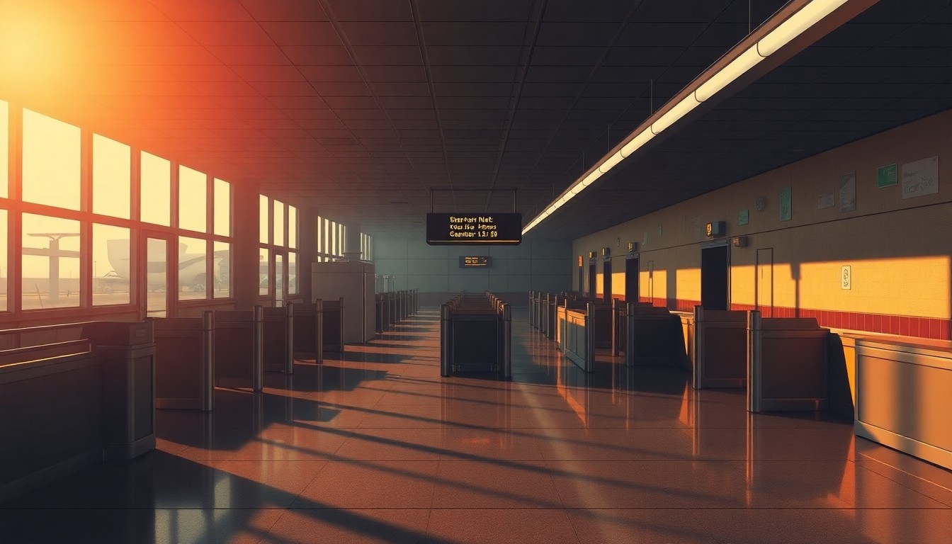 A dimly lit, cinematic scene of an empty airport security checkpoint, with warm sunlight streaming in through the windows and deep shadows cast across the floor and walls, conveying a sense of quiet contemplation about the consequences of neglecting public safety responsibilities.