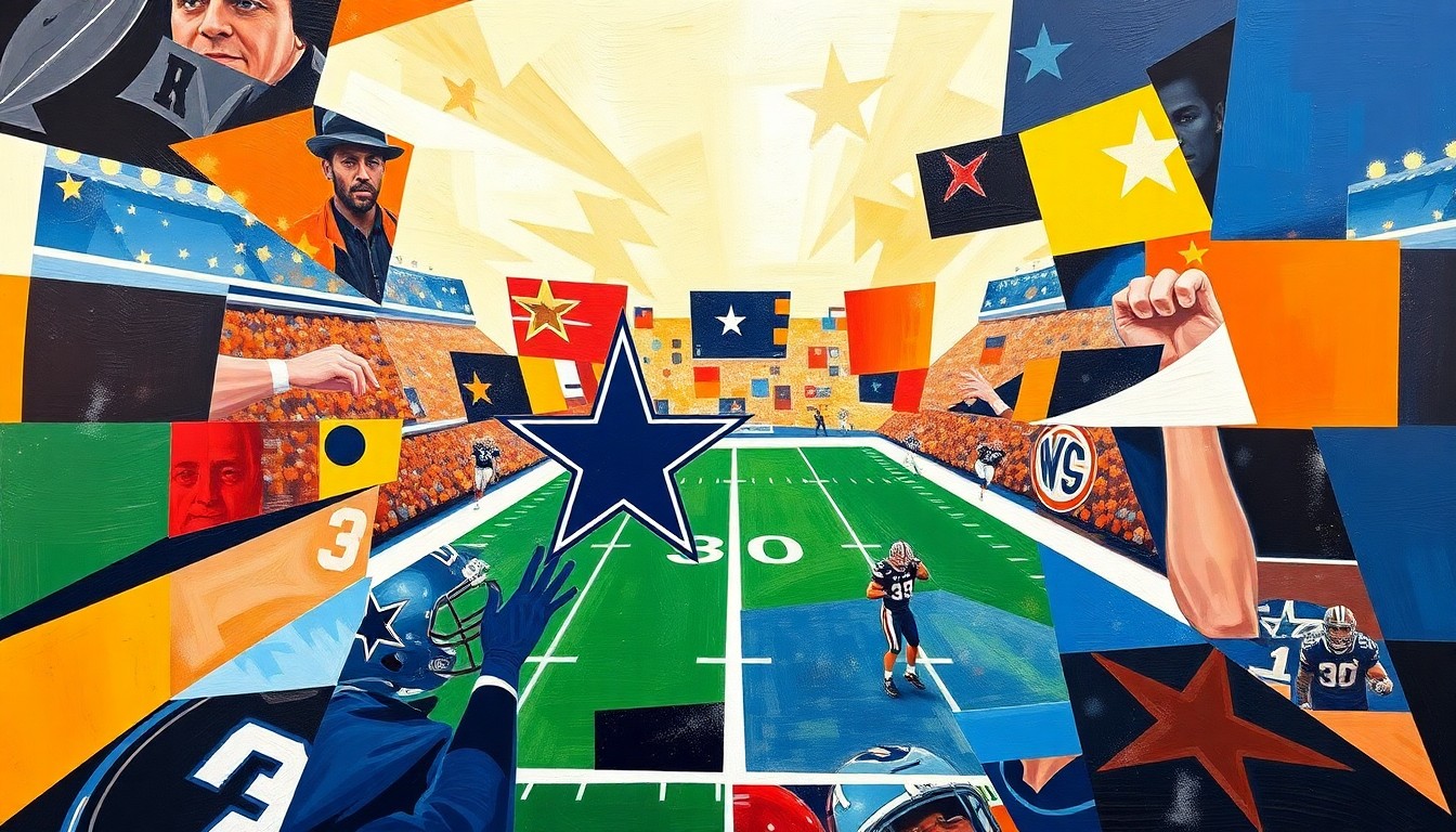 A fragmented, geometric painting depicting a Dallas Cowboys football game, with sharp, overlapping shapes and planes in the team's colors as well as those of their opponent, conveying the complexity and uncertainty of the team's draft decision-making process.