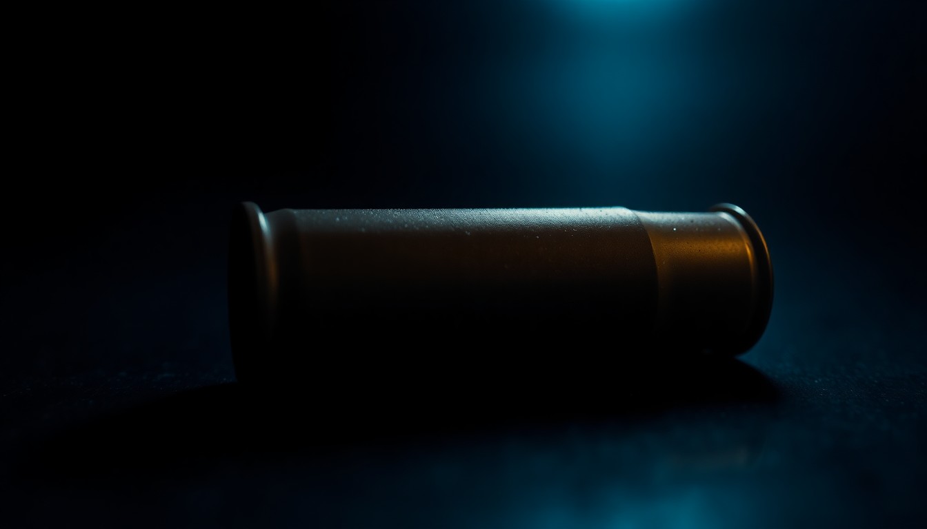 An extreme close-up photograph of a spent shell casing on a dark surface, conceptually illustrating the aftermath of a violent shooting incident.