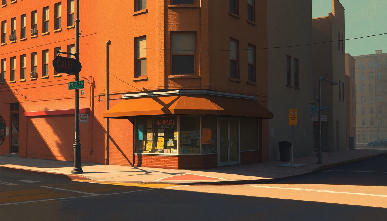 A serene, photorealistic painting of an empty urban street corner with a small corner store or bodega, the building's facade and windows casting long shadows across the sidewalk in the warm, golden light of late afternoon.