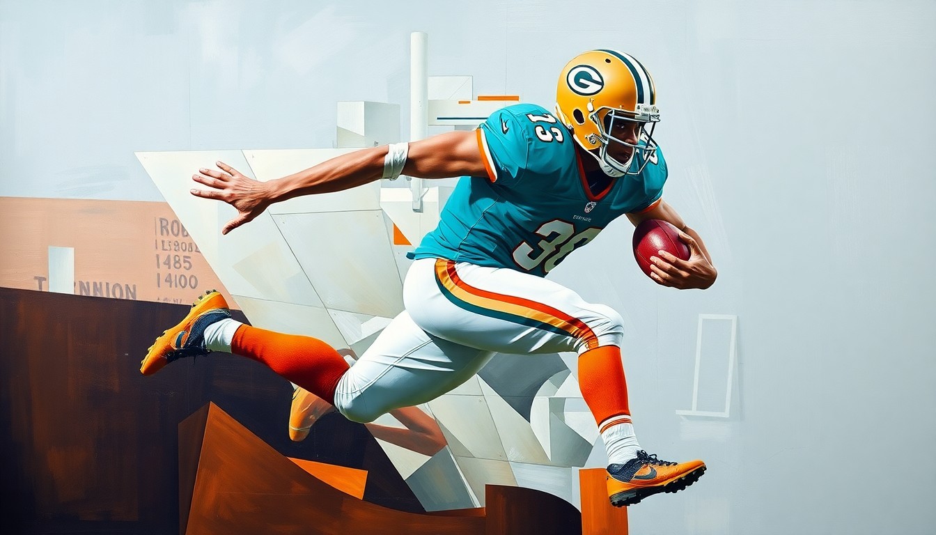 A fragmented, geometric painting depicting a football player in mid-stride, their body broken down into sharp, overlapping planes of teal, orange, and white, capturing the dynamic movement and energy of the sport.