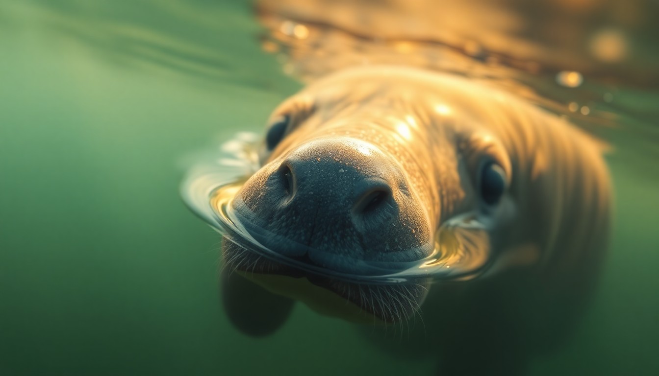 An extremely abstracted, out-of-focus photograph of a manatee's snout emerging from the water, surrounded by soft, warm pools of light and color, conceptually representing the charming yet potentially dangerous encounter between the marine animal and the police vessel.
