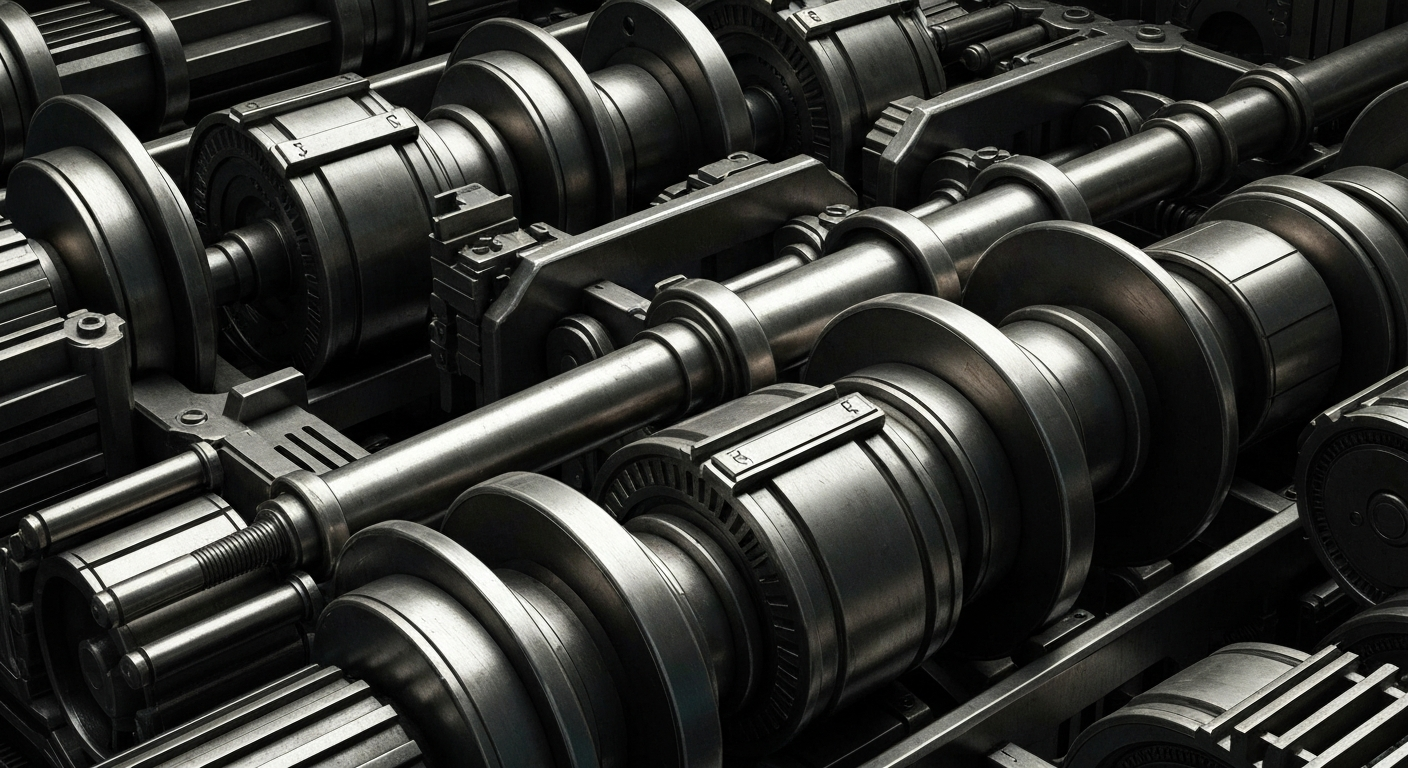 An extreme close-up of a complex, industrial banking mechanism with gears, levers, and metal components, conveying the idea of the powerful financial infrastructure behind Amazon's business.