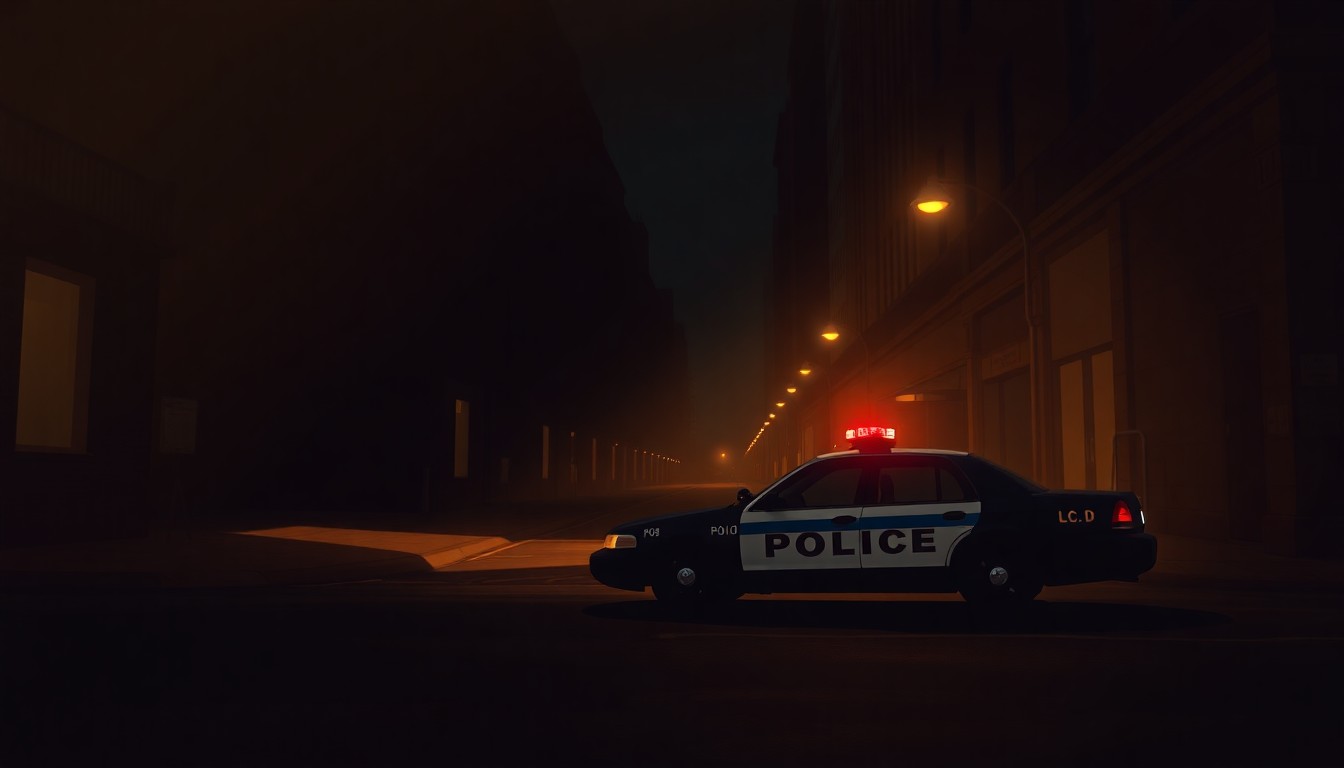 A moody, realistic painting of a solitary police car on a shadowy city street, conveying a sense of quiet contemplation and the weight of civic responsibility.