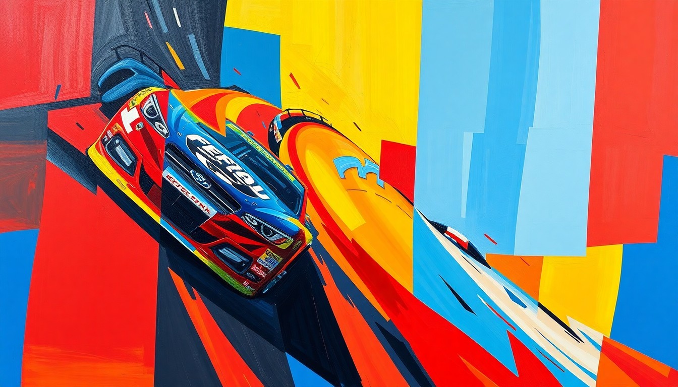 A fractured, multi-perspective painting in bold, vibrant colors depicting the dynamic motion and energy of a NASCAR race, with no identifiable elements or text.