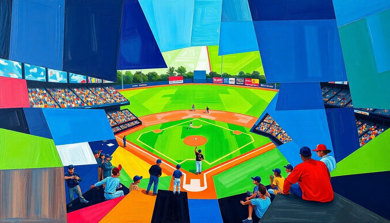 A cubist, geometric painting depicting a Little League baseball game, with the players and field broken down into sharp, overlapping planes of color, capturing the energy and movement of the sport.