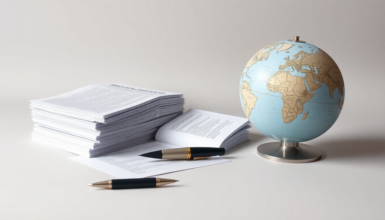 A minimalist, photorealistic studio still life featuring a stack of financial ledgers, a quill pen, and a globe, symbolizing the abstract concepts of corporate strategy, finance, and global impact.