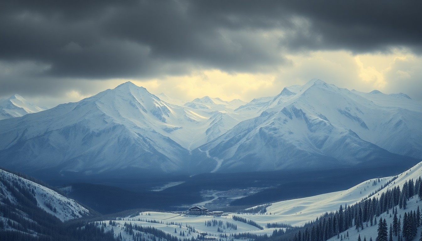 A vast, majestic landscape painting depicting the snow-covered peaks of the Sierra Nevada mountains under a dramatic, moody sky. The scene emphasizes the overwhelming scale and sublime power of the natural environment, with the ski resort and any human-made structures dwarfed and obscured by the towering mountains and heavy snowfall.