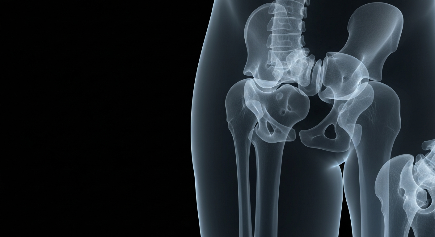 A translucent X-ray photograph revealing the internal structure of a human hip joint, with glowing lines and ghostly details against a dark background, conceptually representing a medical emergency response.