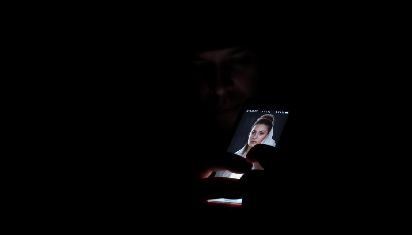 An extreme close-up photograph of a SWAT officer's phone screen, lit by a harsh, direct camera flash against a pitch-black background, showing the officer scrolling on what appears to be a dating app during a standoff.