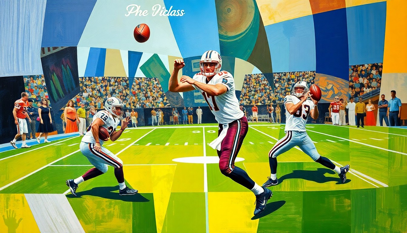 A cubist-style painting depicting a quarterback in motion, with their body and the football broken down into sharp, overlapping geometric shapes and planes, conveying the dynamic action of the sport.