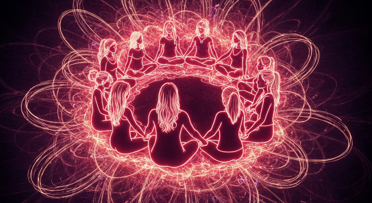 A vibrant, neon-outlined illustration depicting a group of women sitting in a circle, their hands joined together, surrounded by swirling abstract shapes and lines that convey a sense of energy, connection, and spiritual awakening.