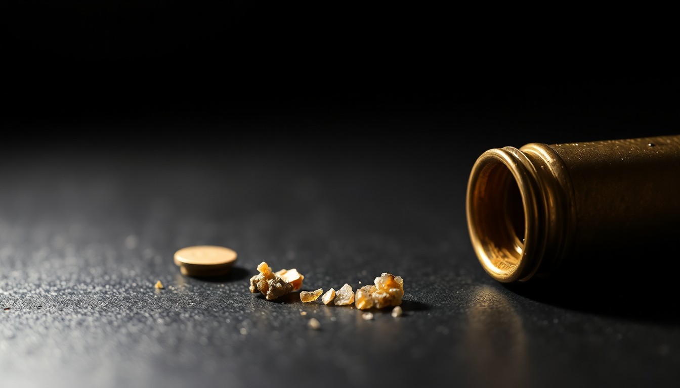 An extreme close-up photograph of a spent shell casing on a dark surface, the harsh flash creating a stark, gritty aesthetic that conceptually represents the serious nature of the crime.
