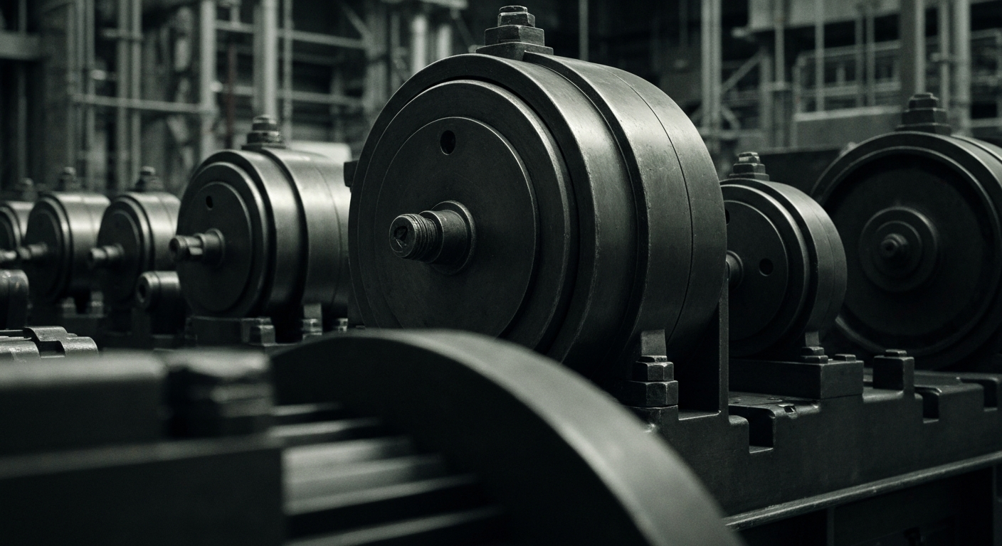 An extreme close-up of heavy, industrial banking machinery and equipment, conveying a sense of financial security and institutional power without using literal currency or charts.