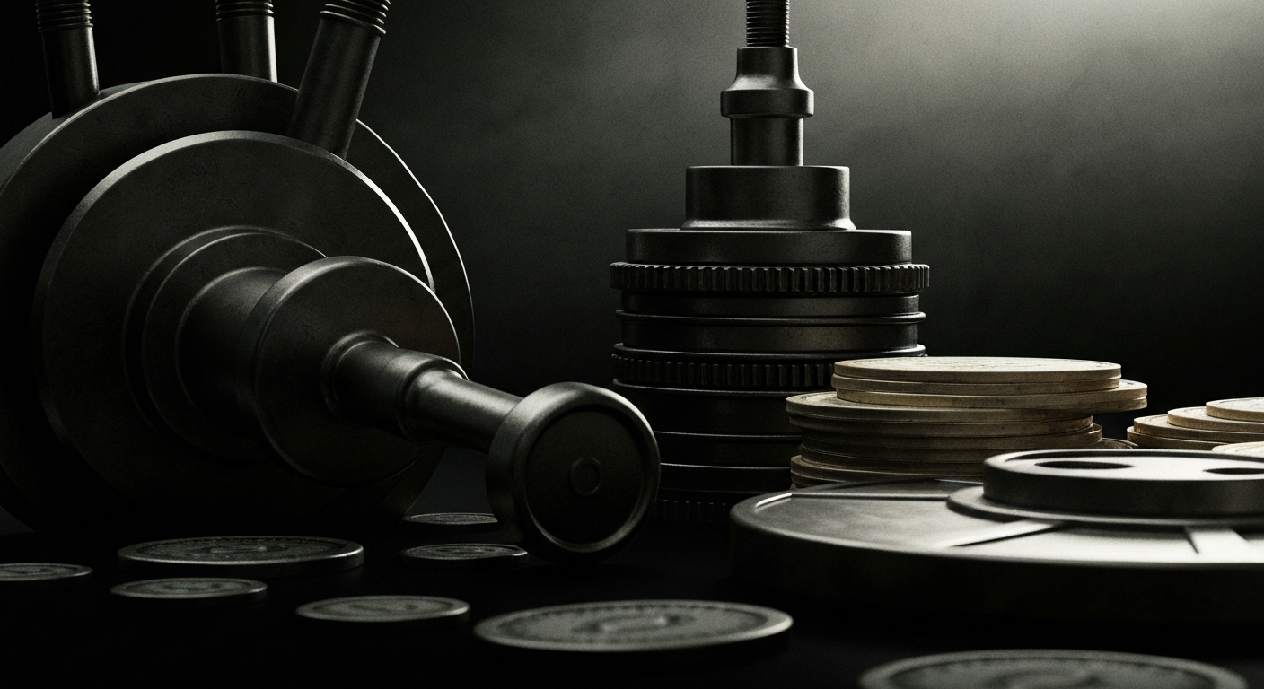 An extreme close-up of complex financial machinery and equipment, conveying a sense of the heavy, tangible nature of banking and finance without using literal currency or charts.