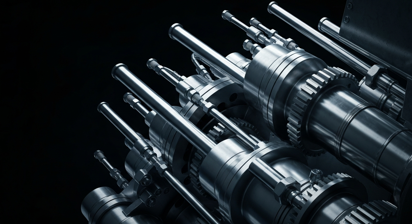 An extreme close-up of industrial gears, pipes, and metal components, representing the complex infrastructure and technology required for rare earth metal extraction and processing.