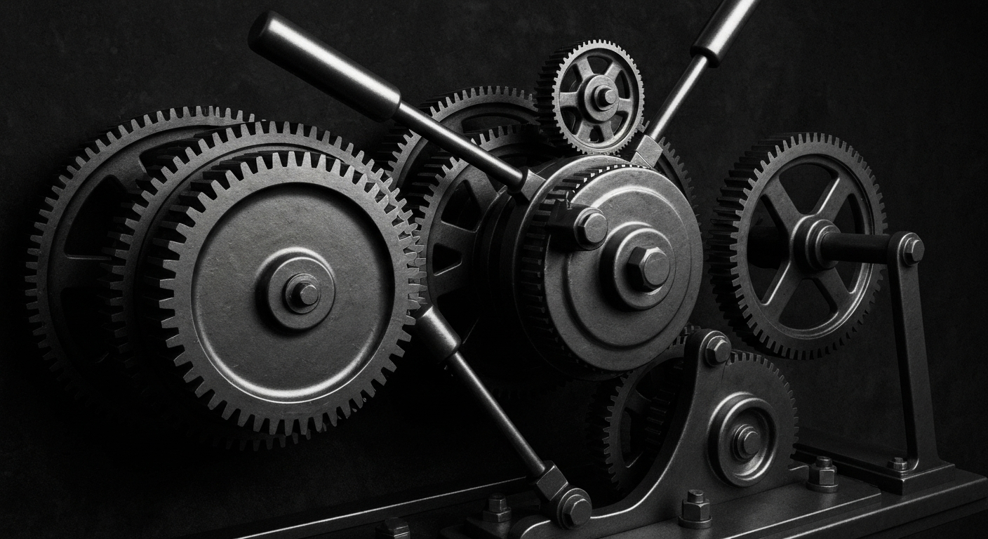 An extreme close-up of the intricate mechanical components that make up a modern banking system, captured in high-contrast black and white to evoke a sense of the industrial power and infrastructure behind financial services.