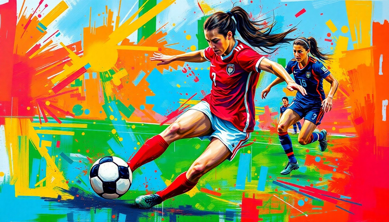 An abstract expressionist painting in vibrant neon colors, with rapid brushstrokes capturing the explosive energy and raw athleticism of a women's soccer match, figures and details dissolving into unrecognizable splatters of paint.