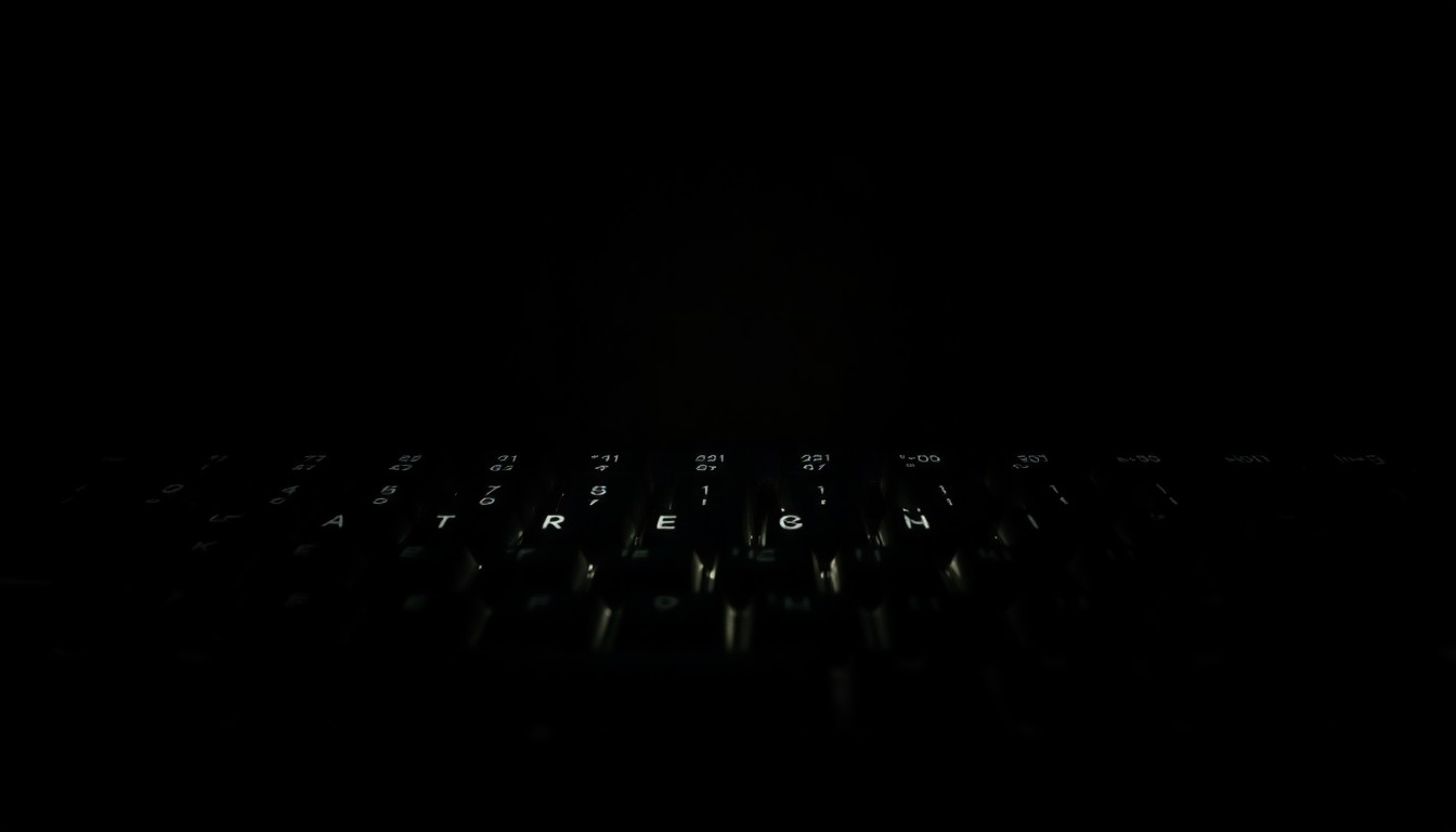 An extreme close-up photograph of a computer keyboard with several keys removed, lit by a harsh, direct camera flash against a pitch-black background, conceptually representing the intrusive nature of cybercrime.