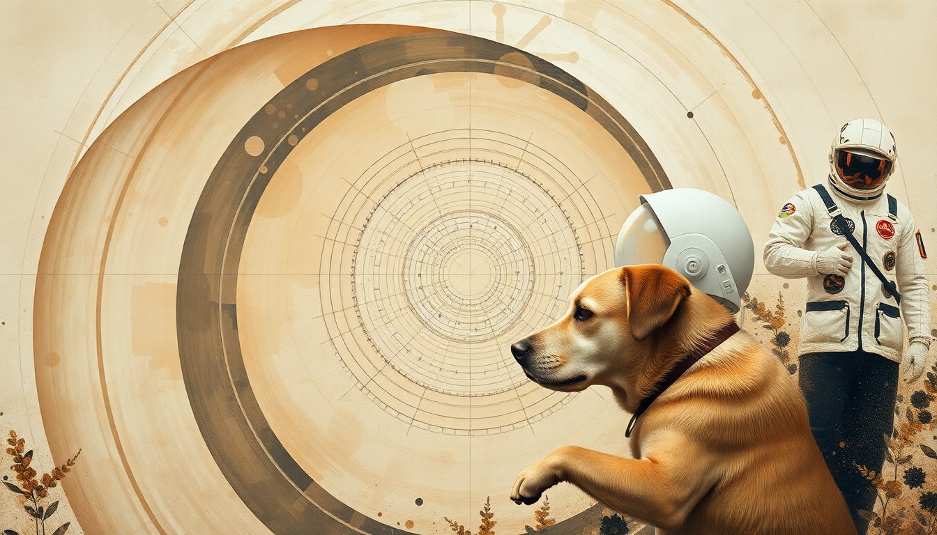 A bold, abstract painting in earthy tones featuring sweeping geometric arcs, concentric circles, and precise botanical spirals, conceptually representing the emotional bond between an astronaut and their dog after a historic space mission.