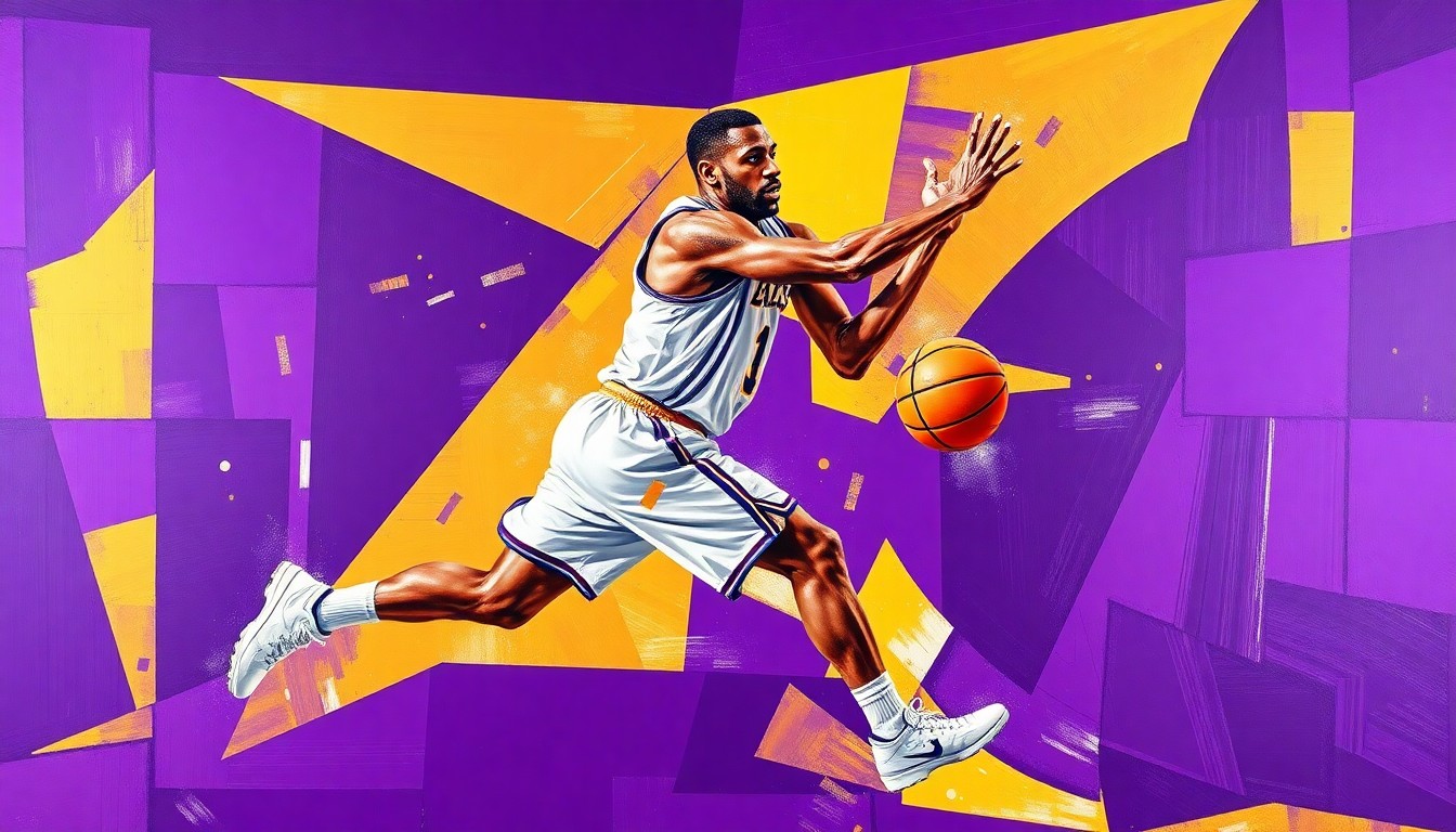 A cubist-style painting depicting a basketball player in motion, with their body broken down into sharp, overlapping geometric shapes in shades of purple, gold, and white, conveying the energy and intensity of the sport.