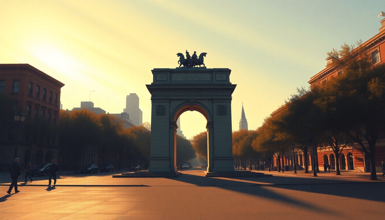 A serene, cinematic painting depicting the Soldiers' and Sailors' Memorial Arch in Grand Army Plaza, with the plaza and surrounding streets bathed in warm, golden light and deep shadows, conveying a sense of nostalgic civic pride and the potential for the space to become a vibrant, welcoming public gathering place.