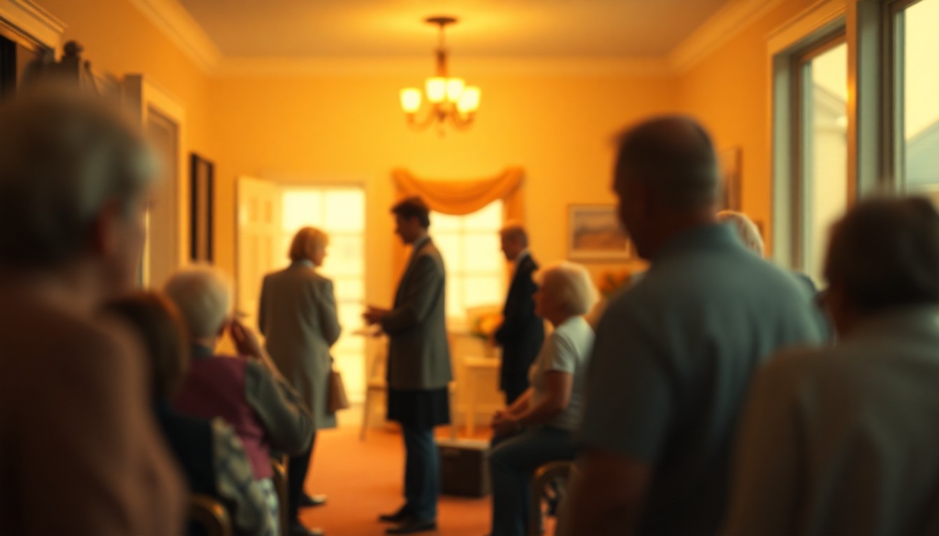 An abstract, out-of-focus photograph in warm, muted tones depicting a serene, contemplative scene from a small-town funeral home, with blurred figures and details evoking a sense of community and remembrance.