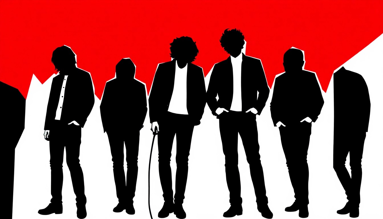 An abstract, minimalist illustration featuring bold, jagged geometric shapes in high-contrast red and white, conceptually representing the energy and excitement of the indie rock band The Strokes' return to the Detroit music scene.