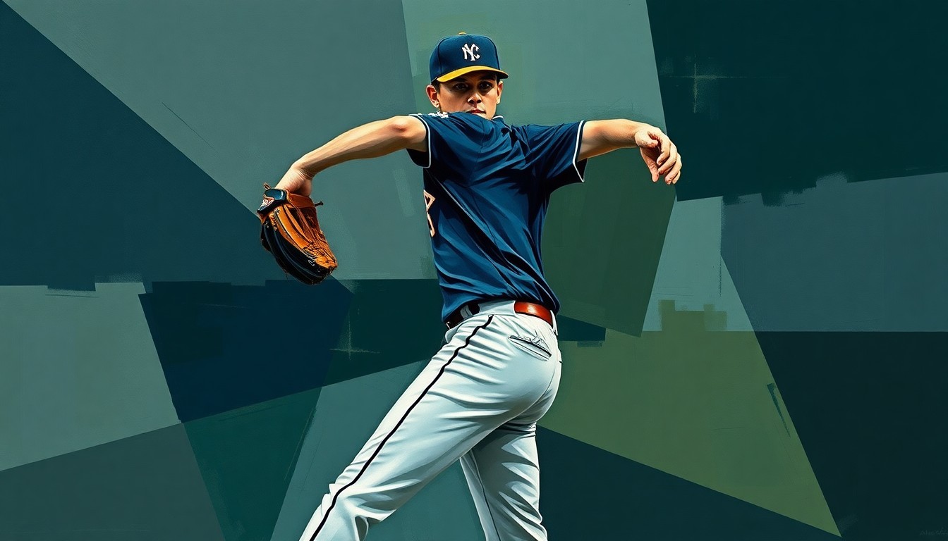 A cubist-style painting depicting a baseball pitcher's motion broken down into fragmented, overlapping geometric shapes in muted tones, conveying the disruption to the Nationals' pitching staff.