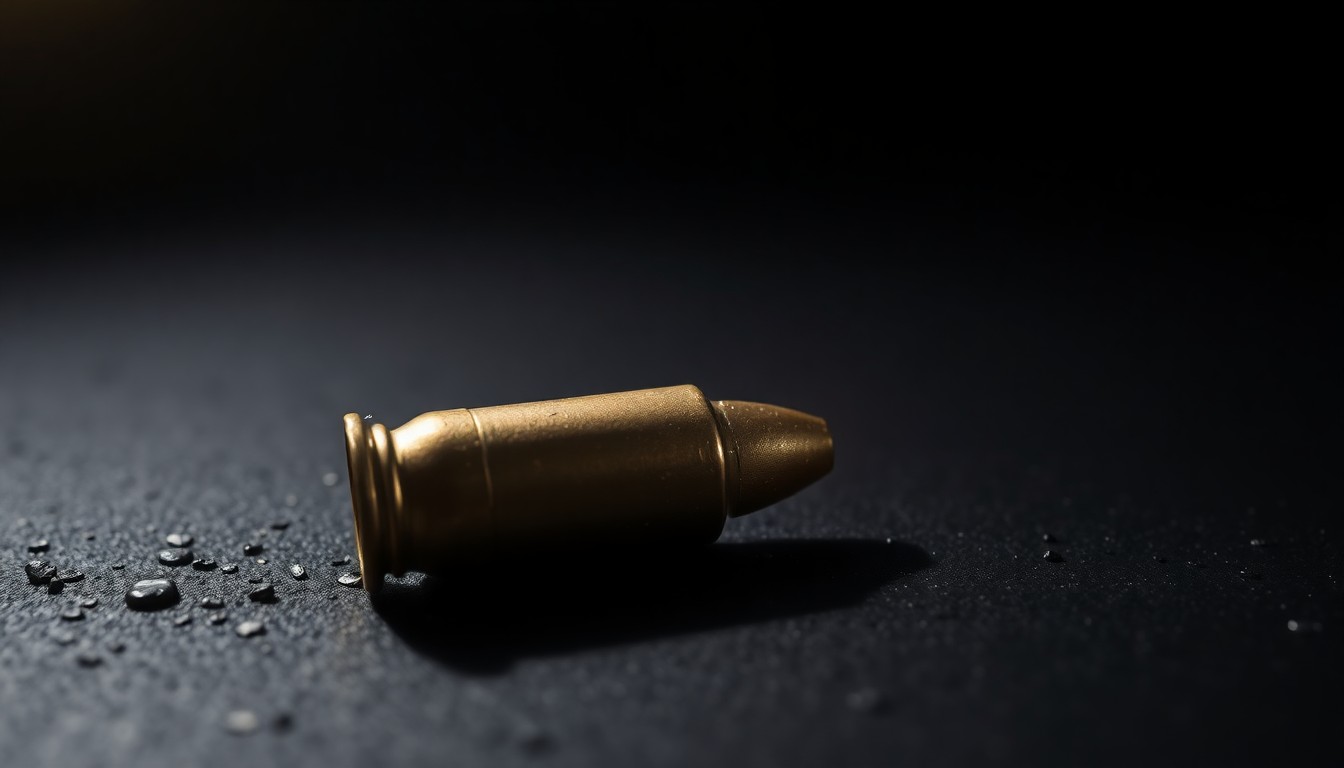 An extreme close-up photograph of a single spent shell casing on a dark, textured surface, lit by a harsh, direct camera flash, conceptually illustrating the aftermath of a shooting incident.