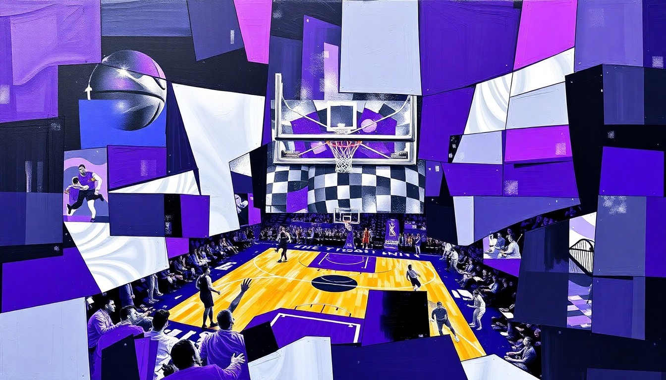 A cubist, geometric painting depicting a basketball game or match, with sharp, overlapping planes of vibrant purple, silver, and black colors representing the Sacramento Kings' official team palette.