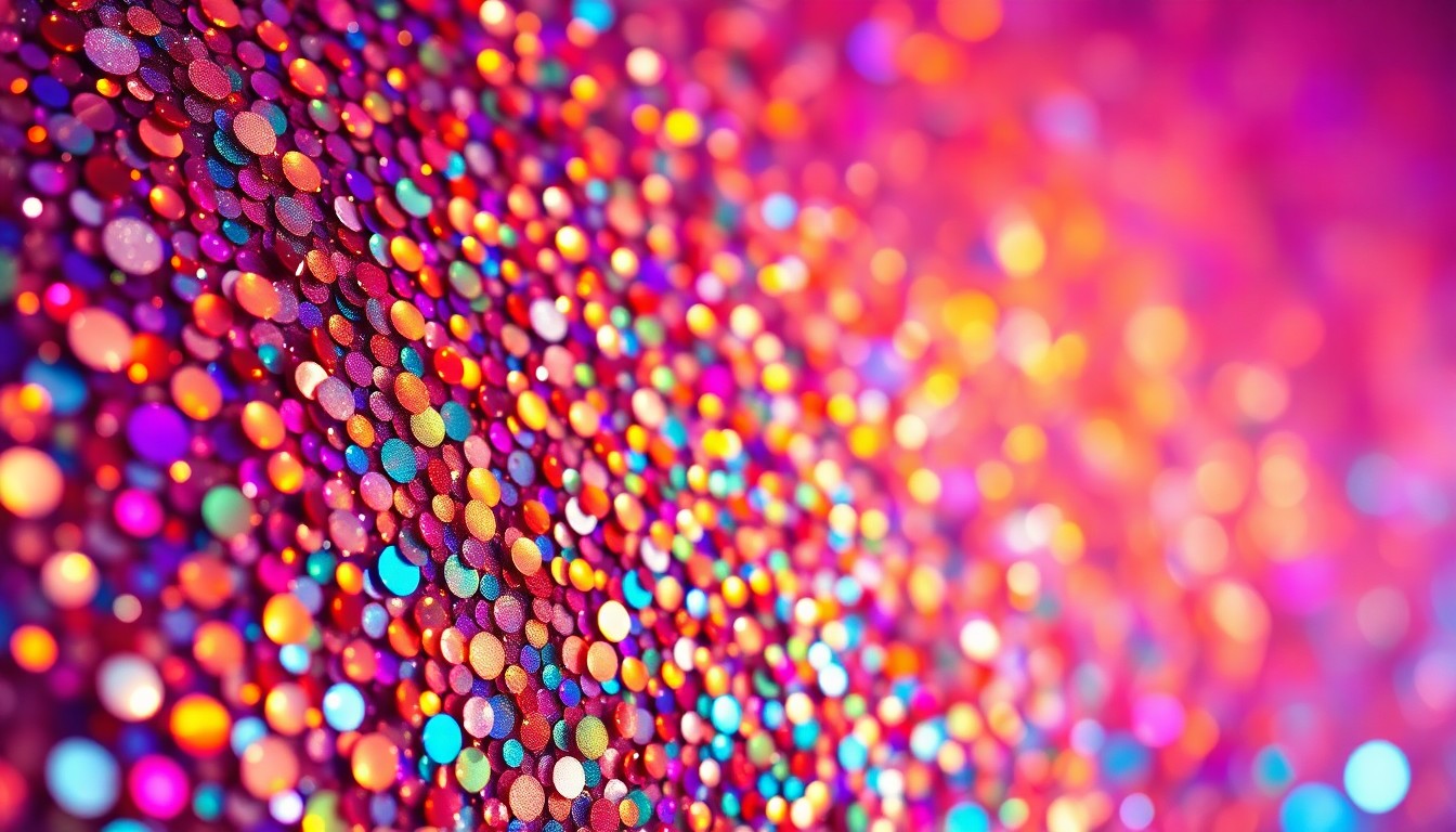 An extreme close-up photograph of shimmering, glittering sequins in a kaleidoscope of vibrant colors, capturing the high-energy, glamorous atmosphere of the Coachella music festival.
