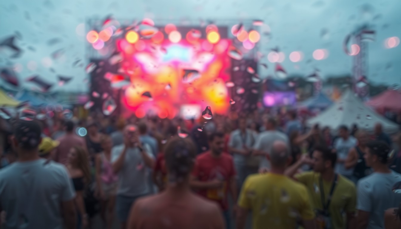 An abstract, impressionistic scene of blurred, colorful shapes and textures, evoking the festive atmosphere of an outdoor arts festival.