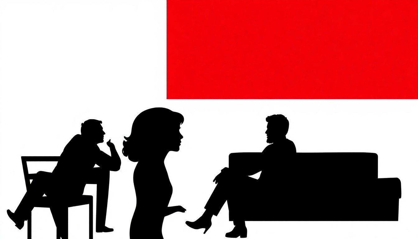 A striking, minimalist composition of jagged, geometric shapes in bold red and white, conceptually representing the complex relationships and modern dating themes of the HBO series 'DTF St. Louis'.