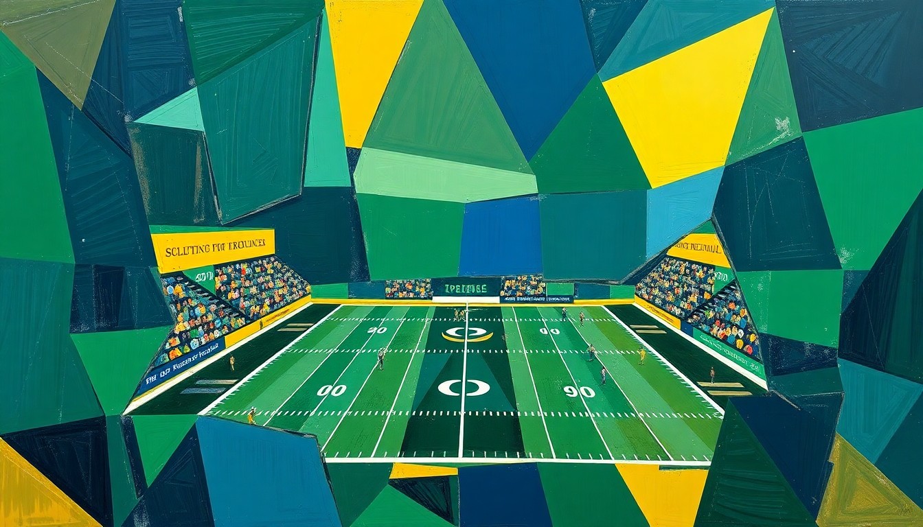 A fragmented, geometric painting depicting the chaotic action and competing forces of a high school football game, rendered in a bold color palette that evokes the school's team colors.